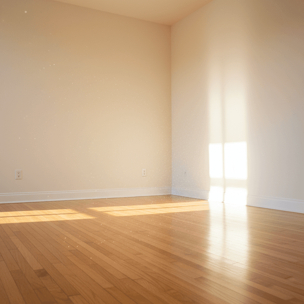 Empty living room with clean hardwood floors and sunlight highlighting a spotless corner