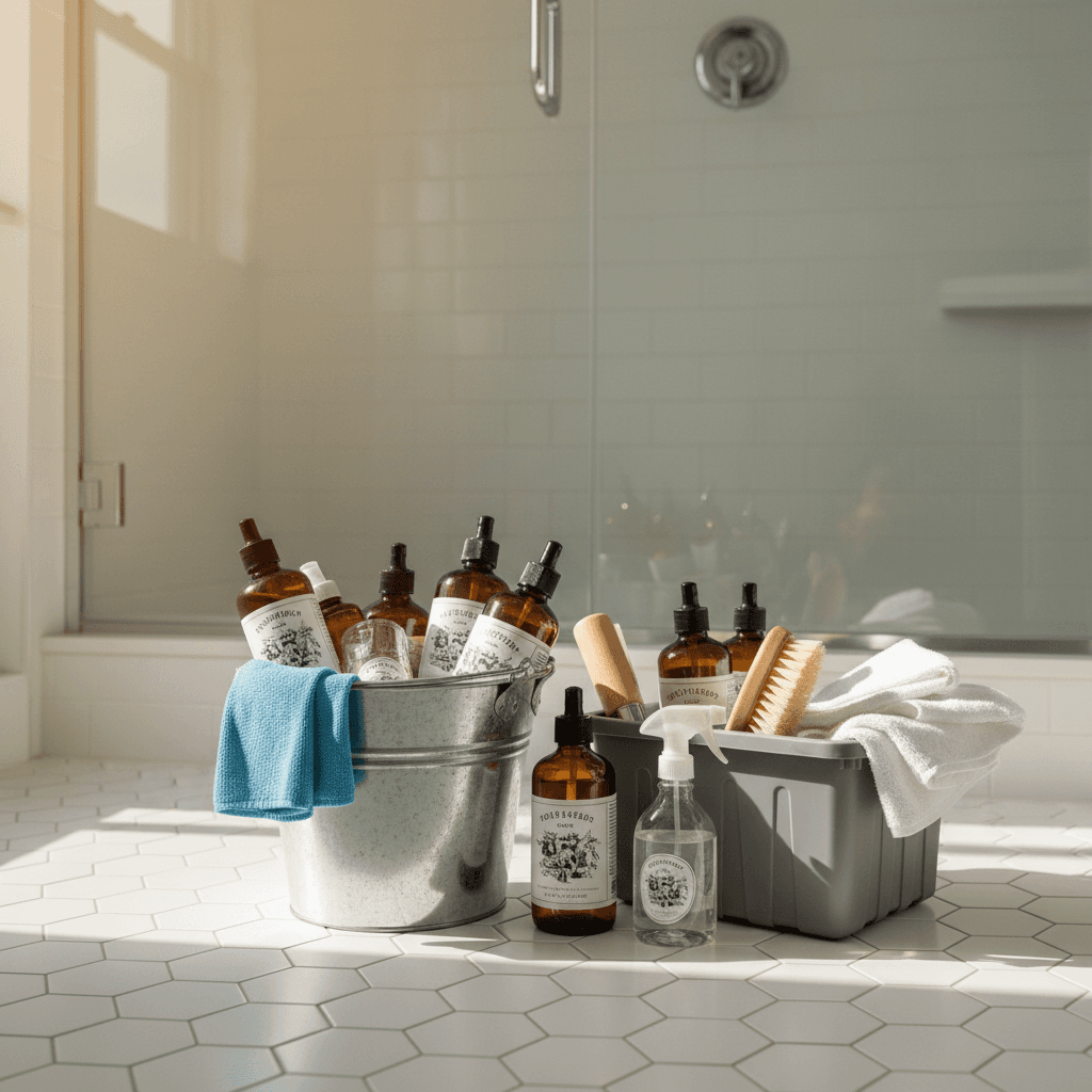 Cleaning bucket with bottles and cloths on a bathroom floor in front of a tiled shower