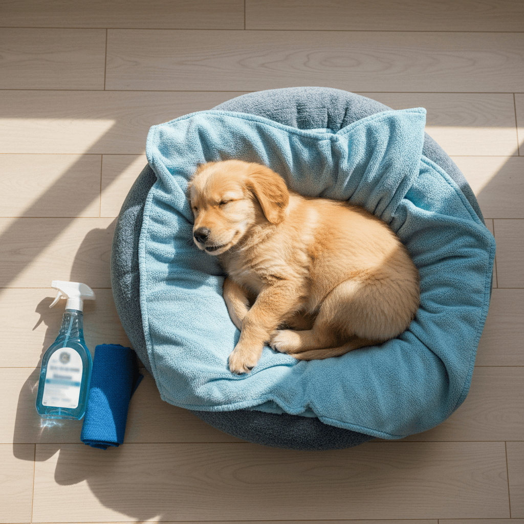 Cleaning supplies next to a dog bed with a sleeping golden retriever puppy