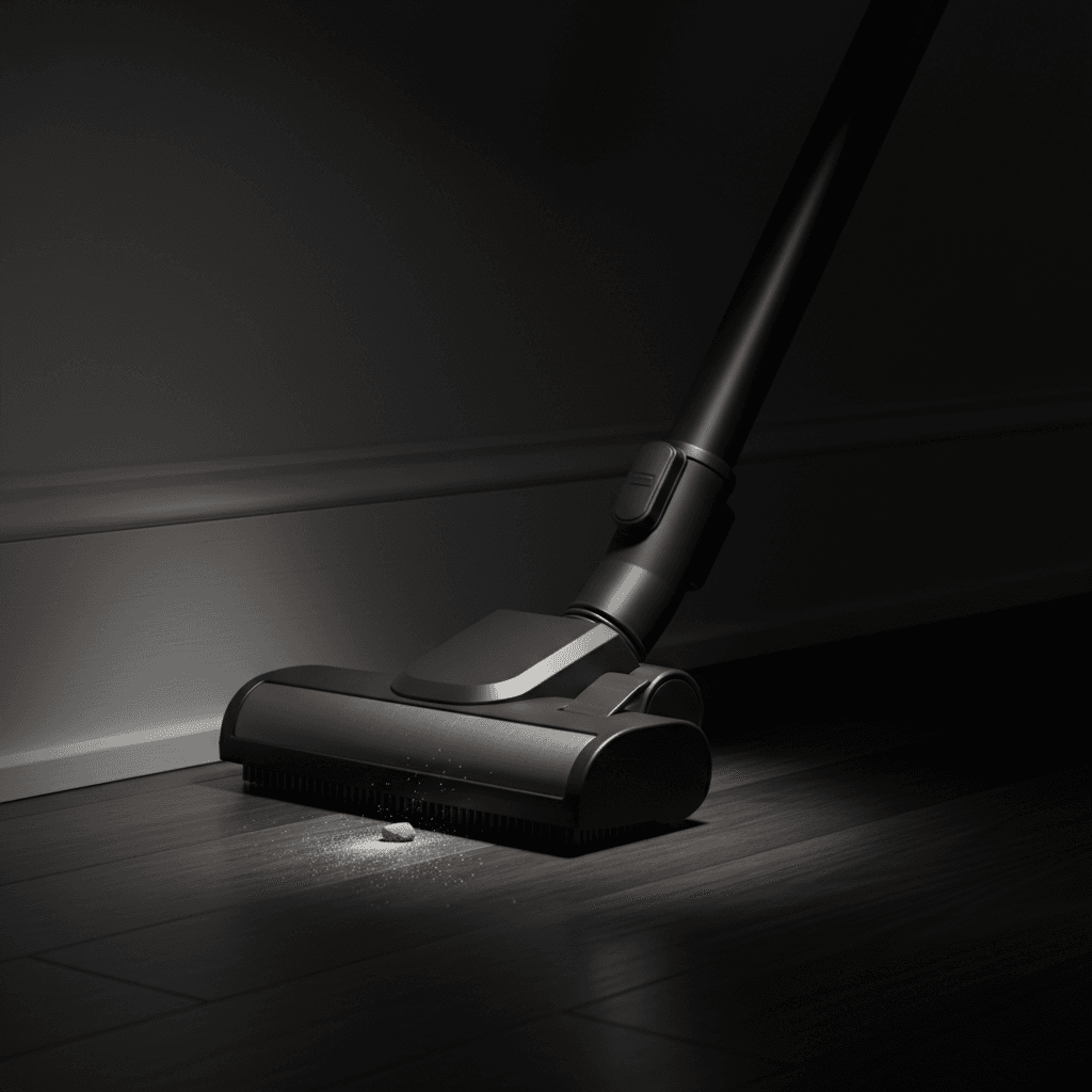 Vacuum nozzle cleaning a corner where the baseboard meets the floor