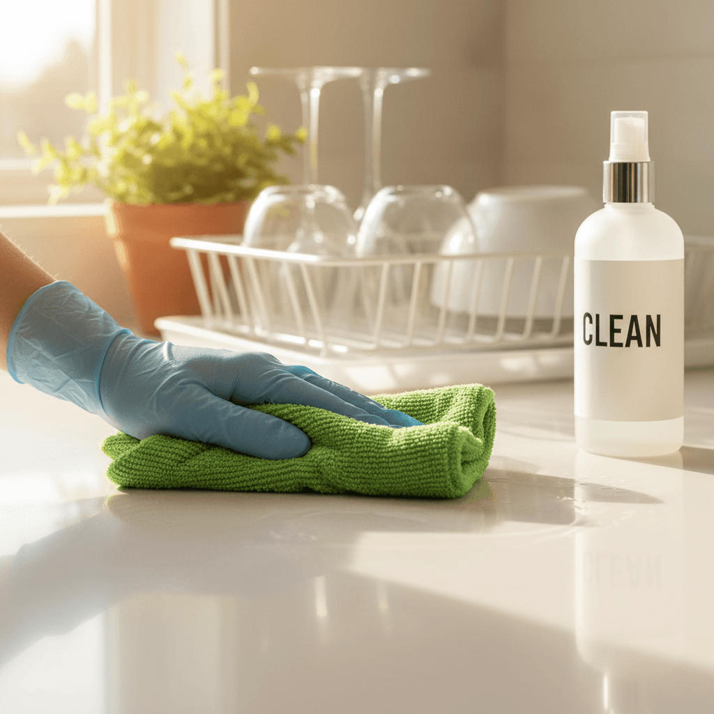 Gloved hand wiping a clean kitchen countertop with a microfiber cloth