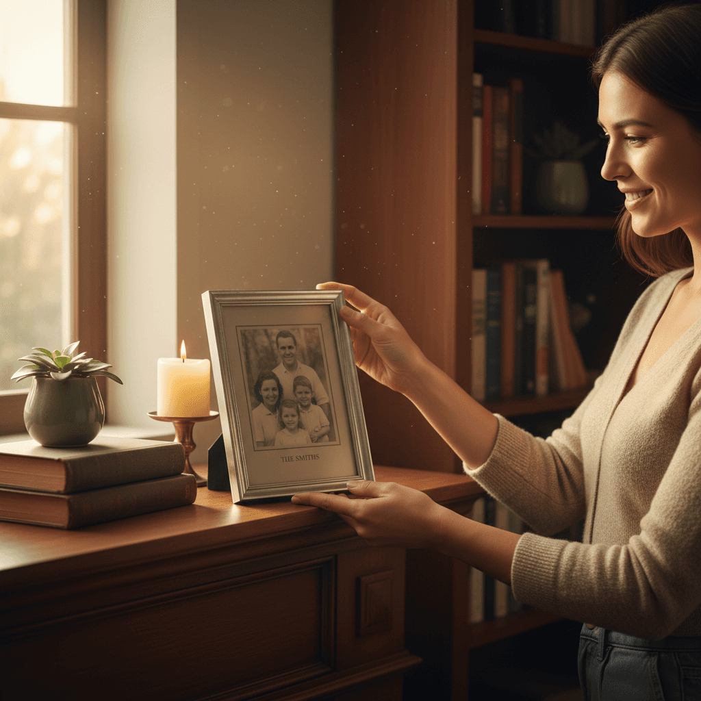 Woman placing a framed family photo back on a clean wooden mantelpiece