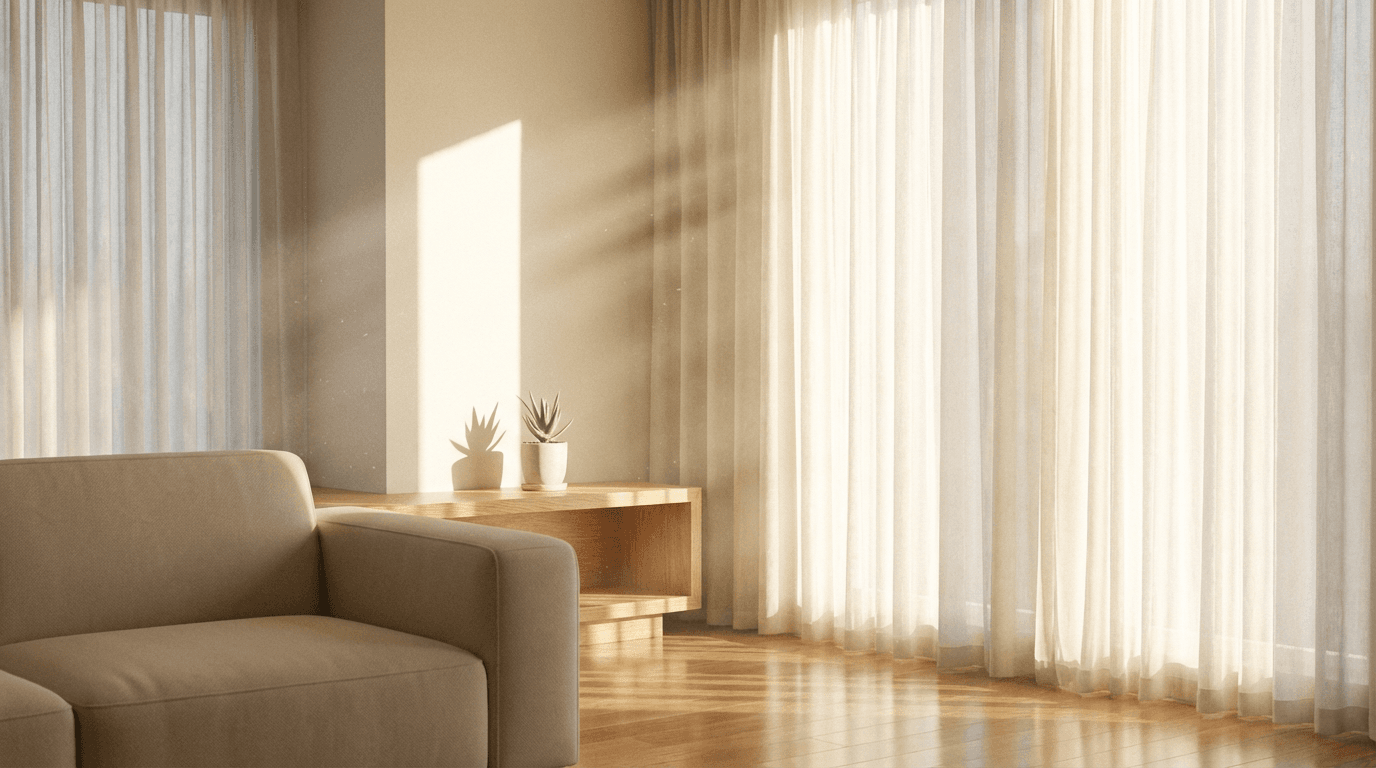Sunlit living room with polished wood floors and clean surfaces after a professional cleaning