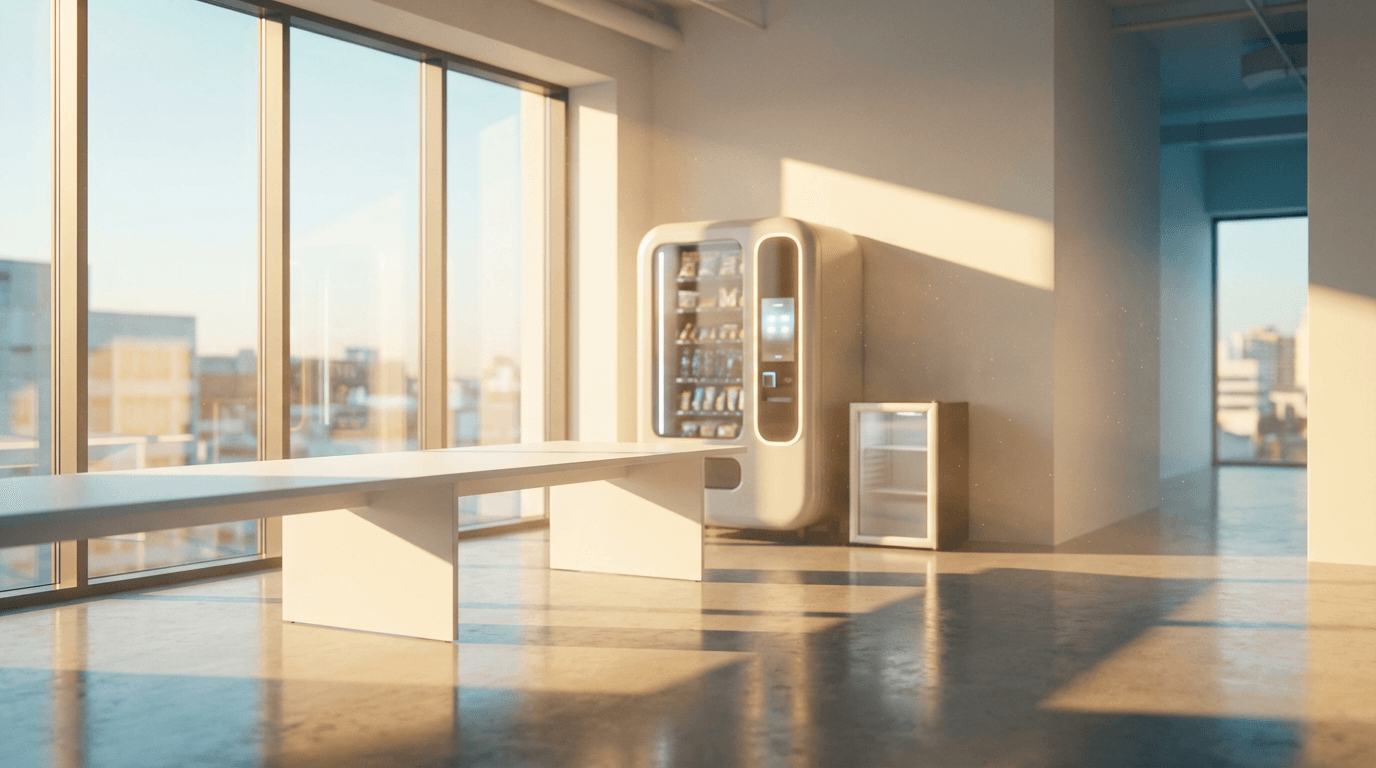Clean office break room with polished countertop and vacuum parked in corner