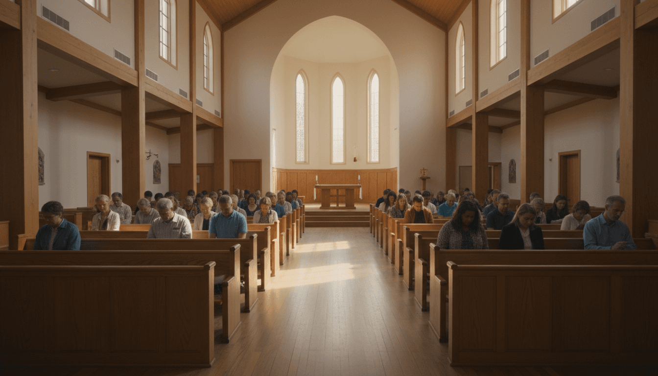 Empty church sanctuary with polished pews and gleaming floor