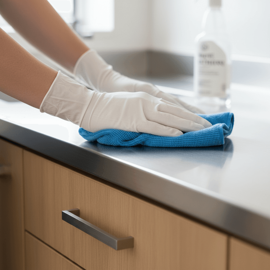Close-up of a microfiber cloth cleaning a glossy kitchen countertop with natural light reflections