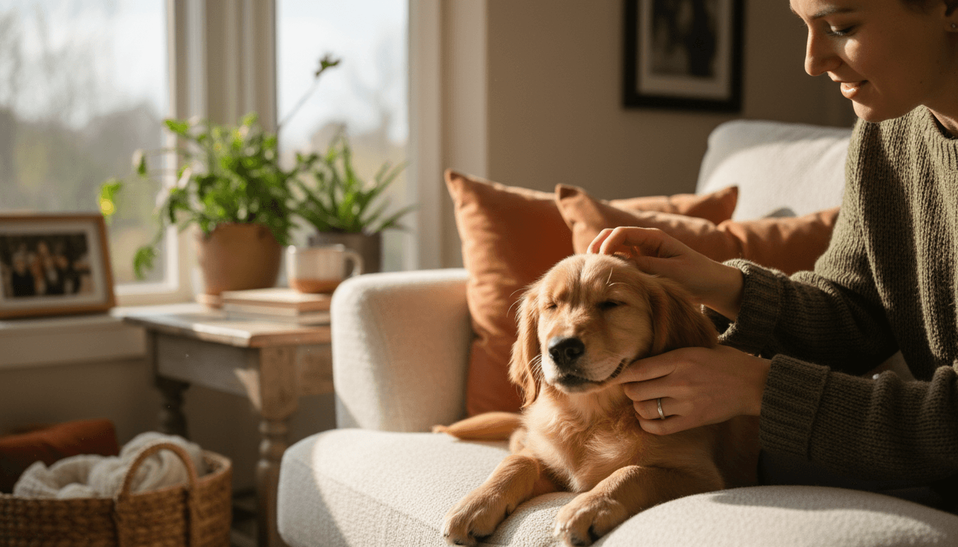 Friendly cleaner kneeling beside a pet dog on a clean hardwood floor