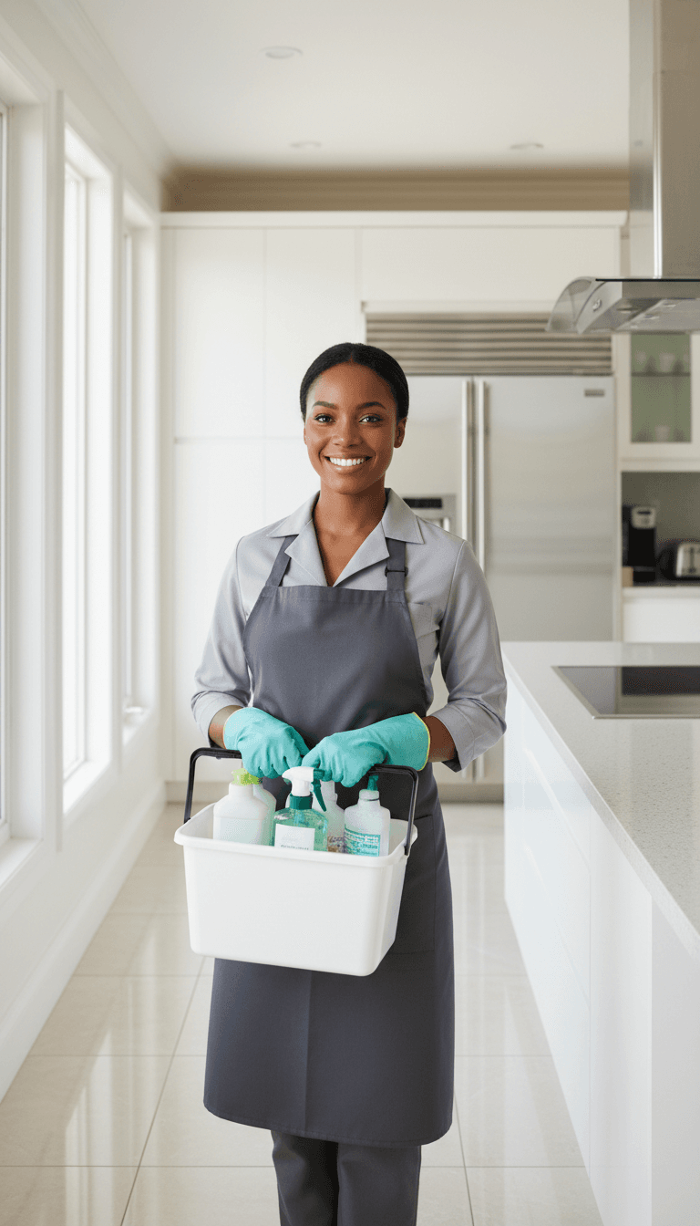 Professional cleaner in apron holding supplies in a clean kitchen