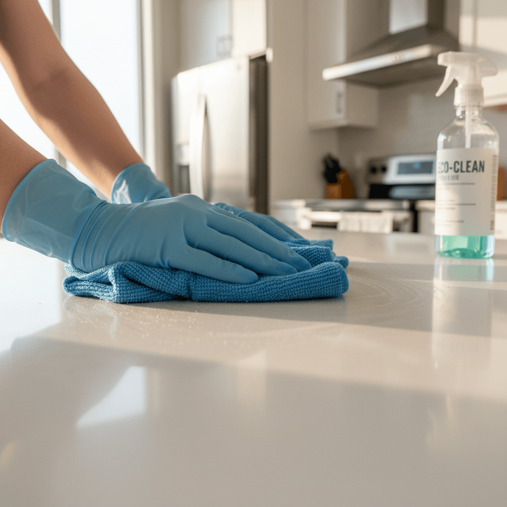 Hands holding a microfiber cloth against a clean kitchen countertop