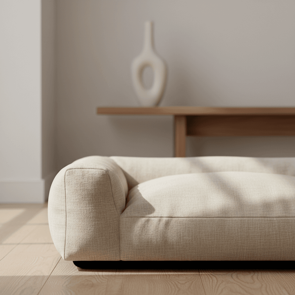 Dog on a pet bed on a clean hardwood floor with vacuum cord nearby