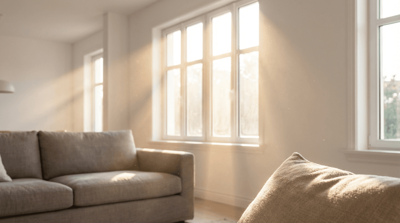 Sunlit living room with hardwood floors after a thorough deep clean