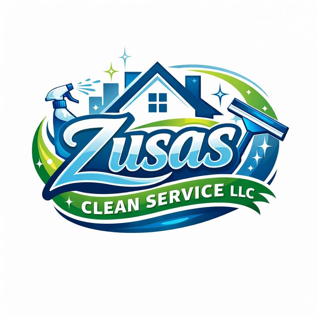 Zusas Clean Service LLC logo featuring a house, spray bottle, squeegee, and sparkling blue accents.